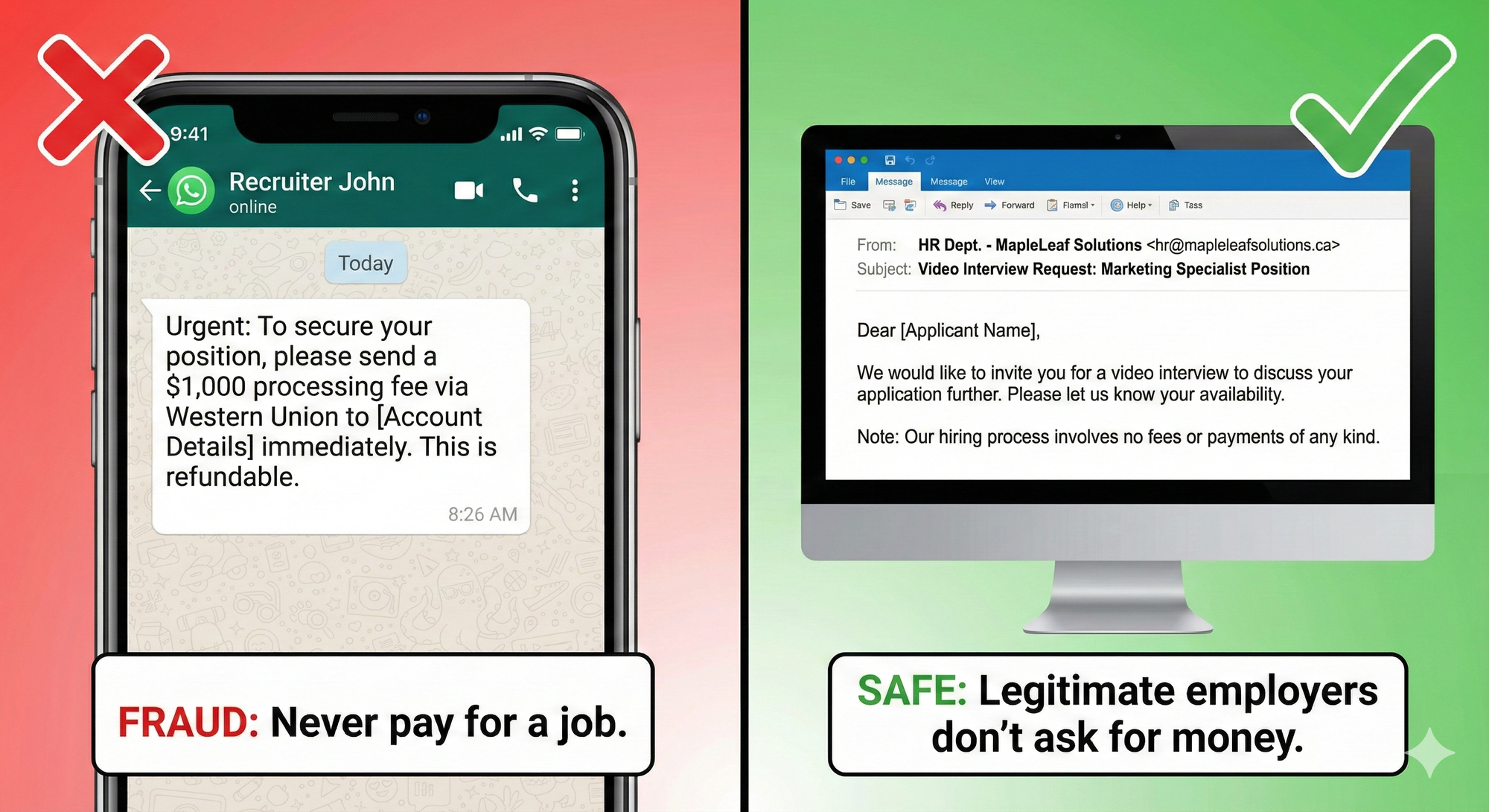 Split screens one is showing the Fraud: never pay jobs on a phone screen - the other one is showing Safe Legitimate employers don't ask for money on a desktop screen