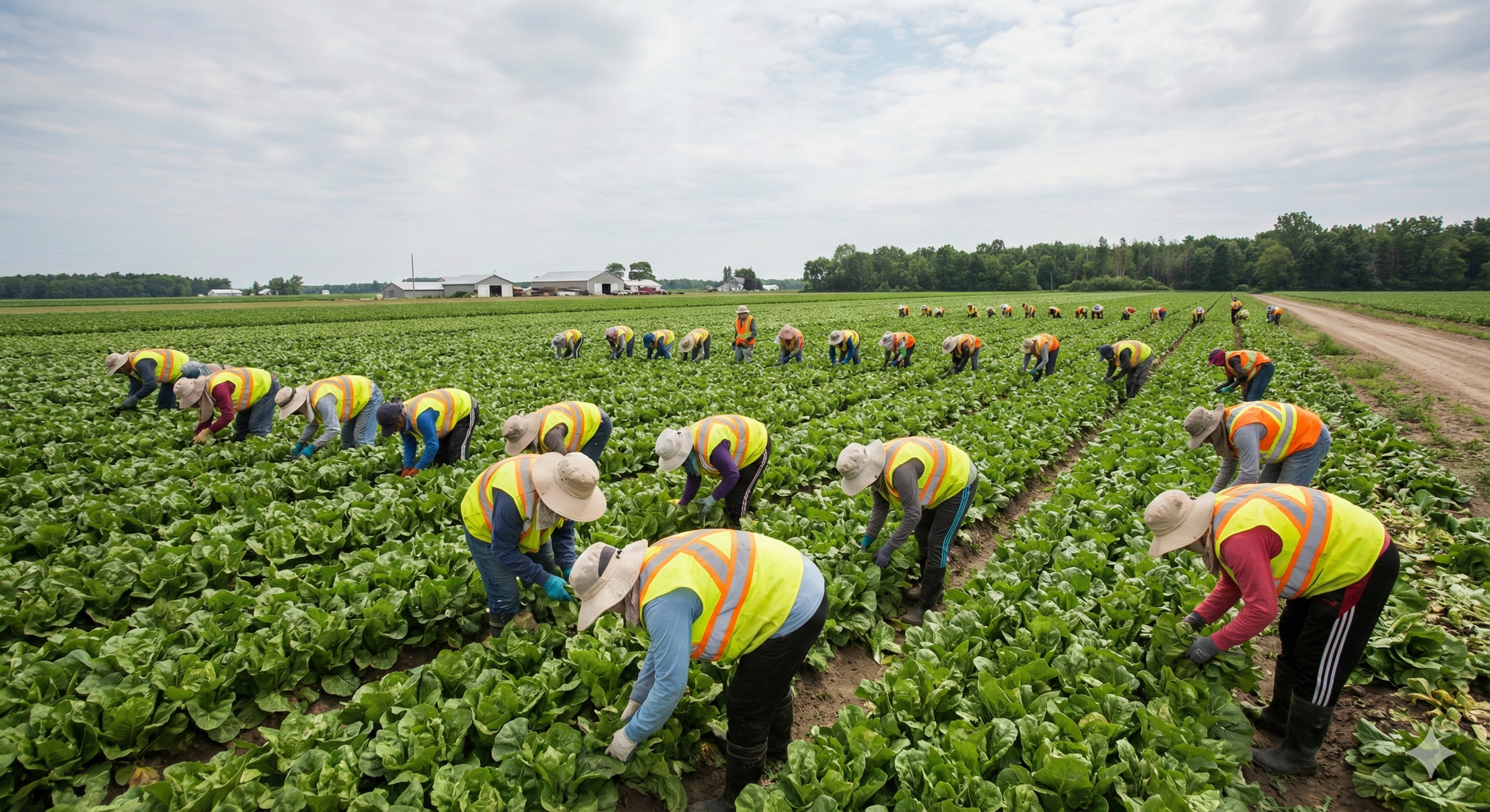 A wide-angle landscape photograph of a group of temporary foreign workers wearing sun hats, gloves, and high-visibility vests harvesting vegetables in a large, open field at a commercial farm in rural Ontario.