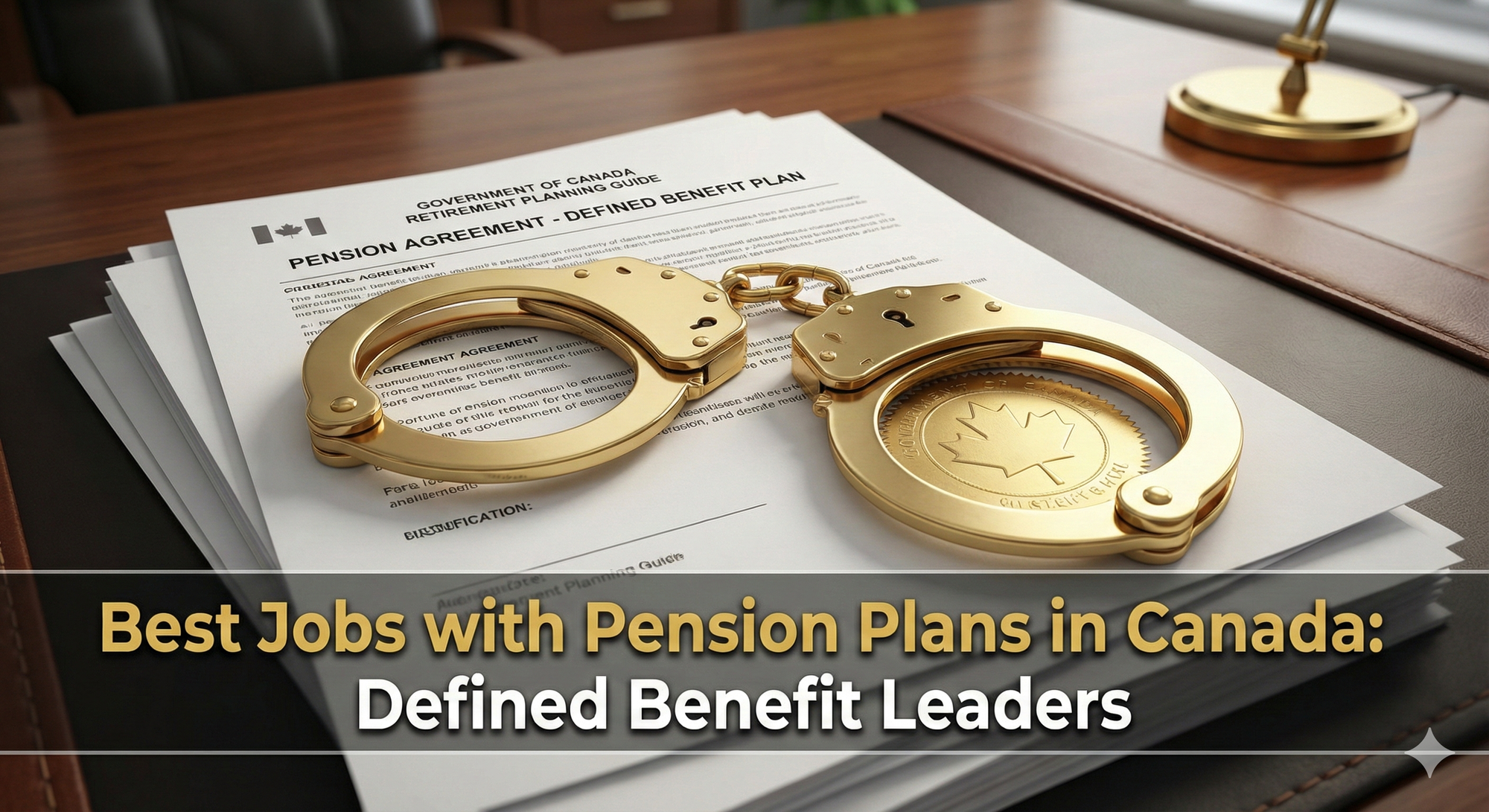 A golden pair of Handcuffs resting on a stack of Canadian retirement planning documents, symbolizing the "Golden Handcuffs" of defined benefit pensions.