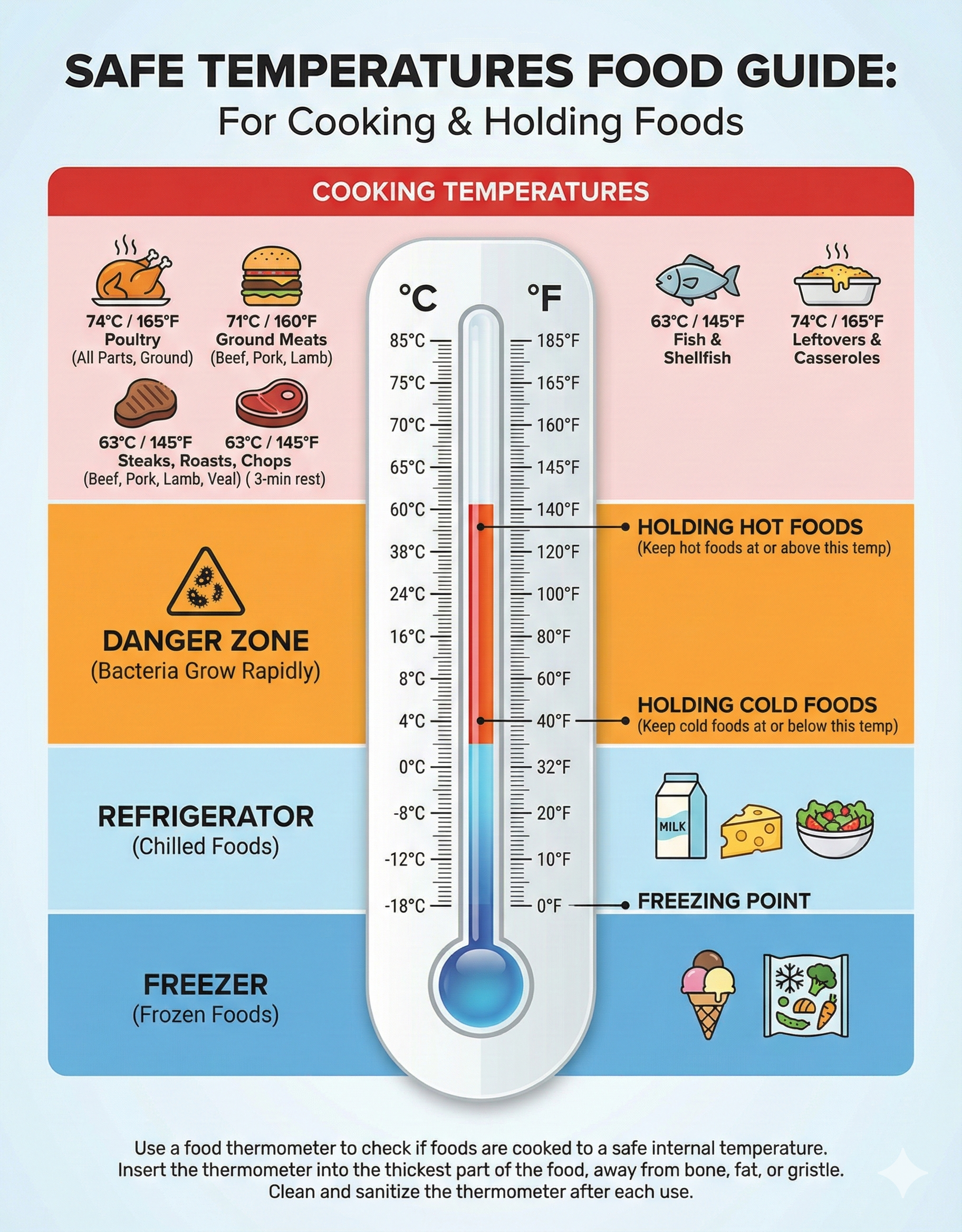 Infographic titled 'SAFE TEMPERATURES FOOD GUIDE For Cooking & Holding Foods'. A central thermometer with Celsius and Fahrenheit scales shows temperature zones. The top red zone, 'COOKING TEMPERATURES', lists safe internal temperatures for Poultry (74°C  165°F), Ground Meats (71°C  160°F), Steaks, Roasts, Chops (63°C  145°F with a 3-min rest), Fish & Shellfish (63°C  145°F), and Leftovers & Casseroles (74°C  165°F), with corresponding food icons. Below this is the orange 'DANGER ZONE (Bacteria Grow Rapidly)' from 60°C (140°F) down to 4°C (40°F), indicating 'HOLDING HOT FOODS' should be kept at or above 60°C (140°F) and 'HOLDING COLD FOODS' at or below 4°C (40°F). The light blue 'REFRIGERATOR (Chilled Foods)' zone is from 4°C (40°F) to 0°C (32°F), with icons of milk, cheese, and salad, and marks 0°C (32°F) as the 'FREEZING POINT'. The bottom dark blue 'FREEZER (Frozen Foods)' zone is below -18°C (0°F), with icons of ice cream and frozen vegetables. Text at the bottom advises using a food thermometer to check internal temperatures, inserting it into the thickest part away from bone, fat, or gristle, and cleaning it after use.