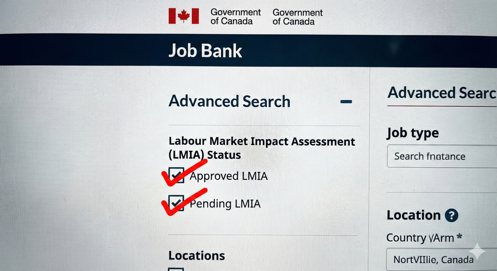 A close-up screenshot of the Government of Canada Job Bank advanced search sidebar, showing red checkmarks in the boxes labeled "Approved LMIA" and "Pending LMIA" under the "Labour Market Impact Assessment (LMIA) Status" filter section.