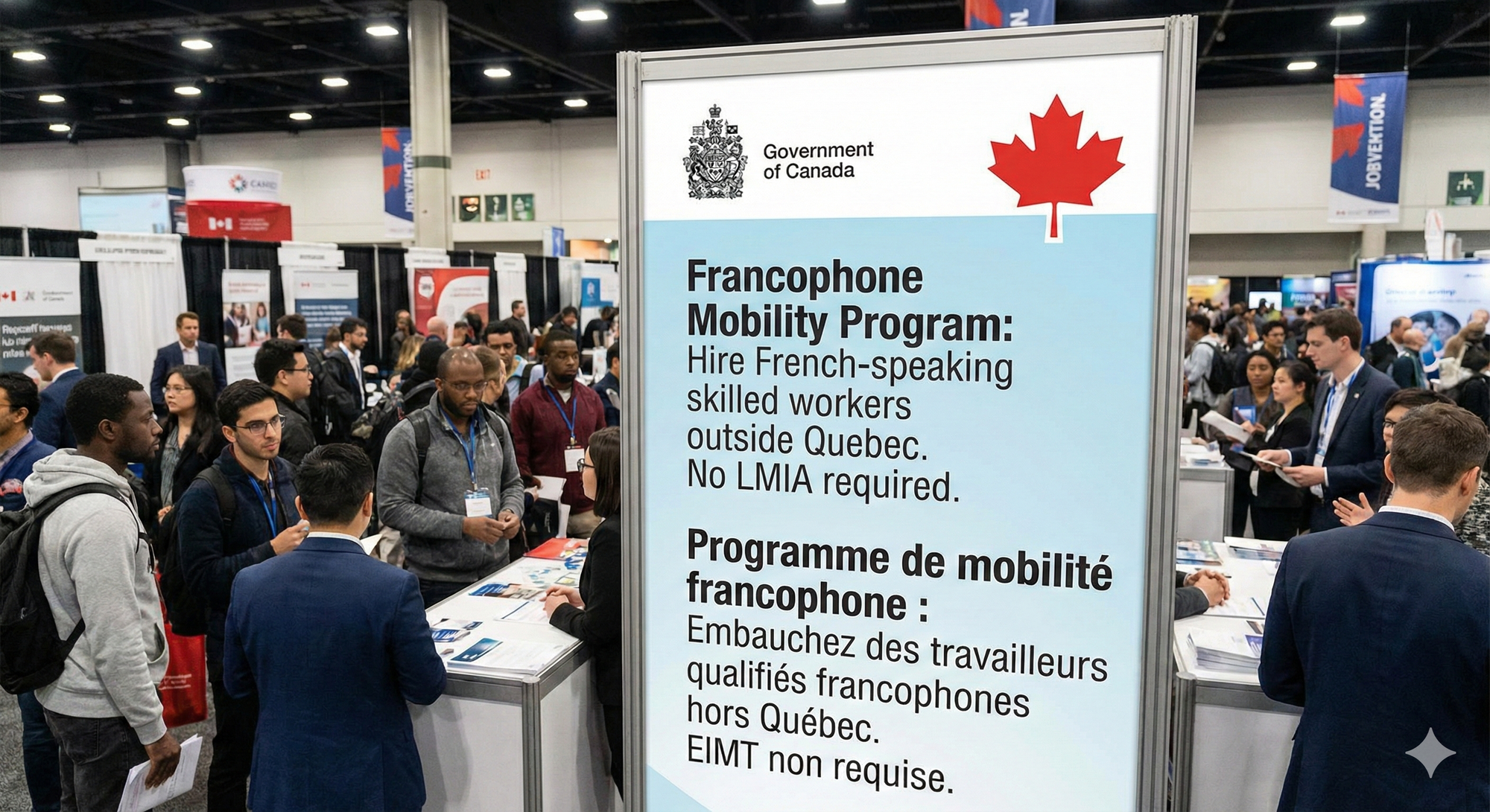 A bilingual Canadian government recruitment poster displayed at an international job fair, featuring the maple leaf logo and prominent text that reads: "Francophone Mobility Program: Hire French-speaking skilled workers outside Quebec. No LMIA required.