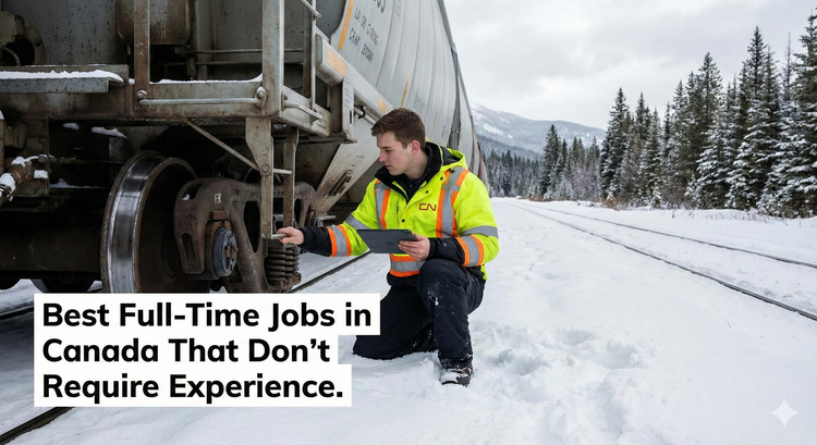 A CN Railway conductor trainee inspecting a train car on a snowy track in Western Canada.