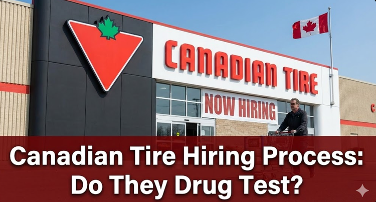 A man with a shopping care in front of a Canadian tire store where there is a big now hiring signs on top of the top of the automatic doors 