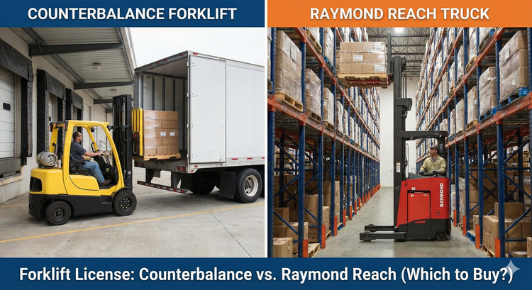 split image showing a yellow Counterbalance forklift loading a truck on the left and a red Raymond Reach truck in a narrow warehouse aisle on the right.
