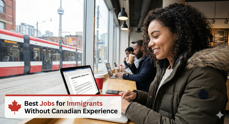 A newcomer to Canada reviewing a job offer letter on a laptop in a Toronto coffee shop.