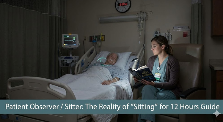 A patient observer sitting in a chair next to a hospital bed in a dim room, reading a book while monitoring a patient.