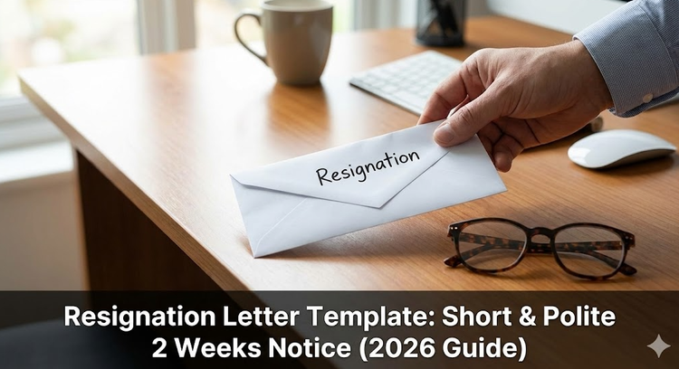 A hand placing a sealed white envelope marked "Resignation" on a wooden office desk next to a pair of glasses.