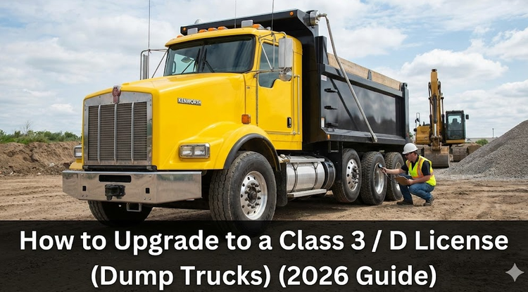 A yellow dump truck at a construction site in Ontario, with a driver in a high-vis vest performing a circle check on the tires.