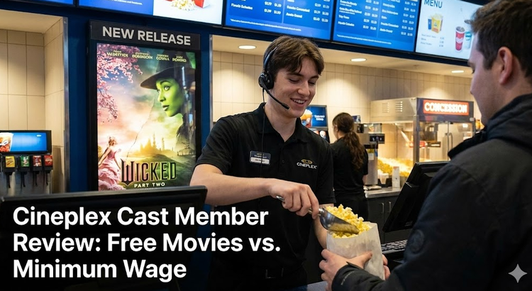 A Cineplex Cast Member standing at the concession stand serving popcorn with a movie poster in the background.