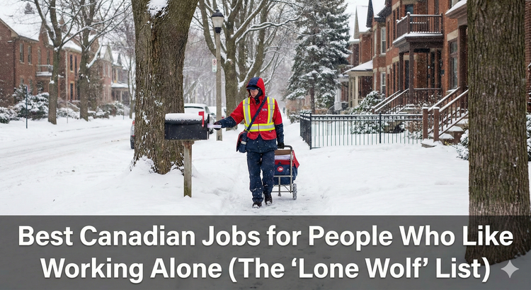A Canada Post letter carrier walking alone on a quiet residential street in the snow, delivering mail.