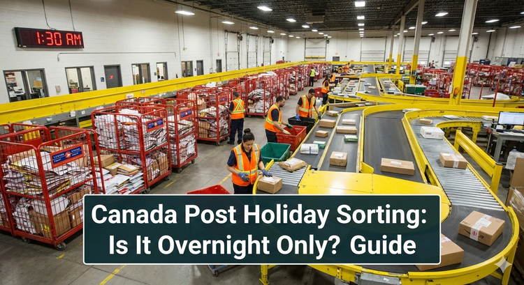 A Canada Post sorting plant floor filled with yellow conveyor belts and red rolling cages, with employees in high-vis vests sorting packages.