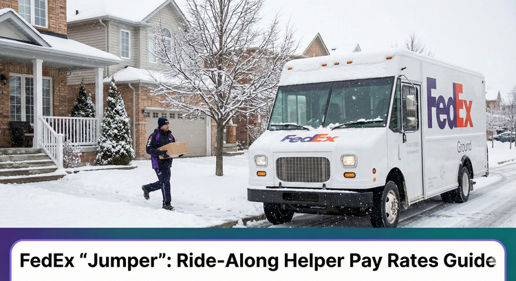 A FedEx Ground delivery truck parked on a snowy residential street in Canada, with a driver helper (jumper) running a package to a porch.