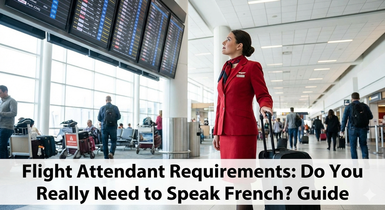 A Flight Attendant in a red uniform standing in an airport terminal, looking at a departure board, with a roller bag handle in hand.