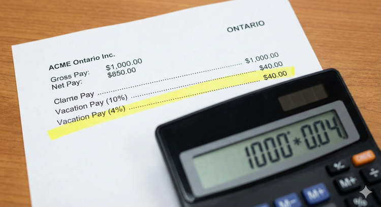 A close-up of an Ontario pay stub highlighting the Vacation Pay line item with a calculator in the foreground.