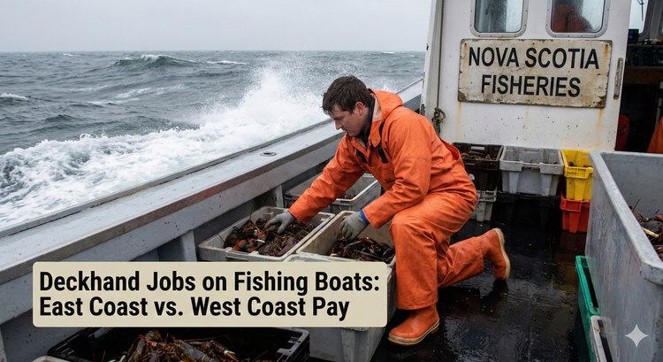 A commercial fishing deckhand in bright orange rain gear sorting lobsters on a boat deck in Nova Scotia with rough ocean waves in the background.