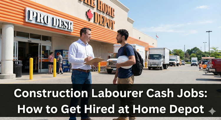A construction contractor talking to a worker holding a hard hat near the Pro Desk entrance of a Home Depot store in Toronto.