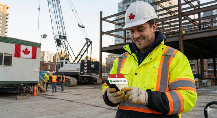 A construction worker checking a mobile banking app on a smartphone at a job site in Canada