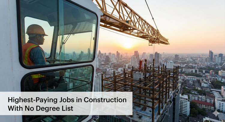 A construction worker high up in a tower crane cab overlooking a city skyline, representing the high-pay and high-height nature of the job.
