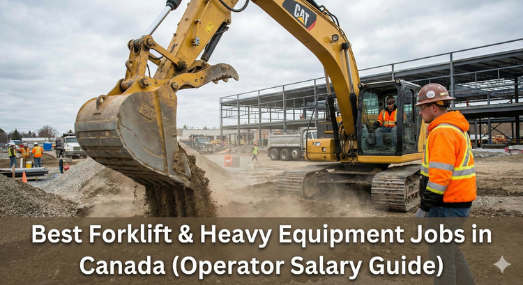 A construction worker wearing high-vis gear operating a yellow excavator at a busy job site, representing the transition from manual labour to skilled operation.