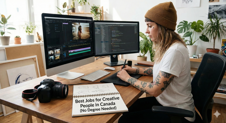 A creative professional working in a bright studio, editing a video on a dual-monitor setup with a camera and sketchbook on the desk.
