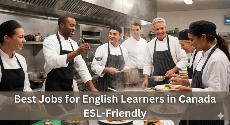 A diverse group of kitchen staff in chef whites smiling and working together in a busy restaurant kitchen, representing a team environment where language barriers are overcome by teamwork.