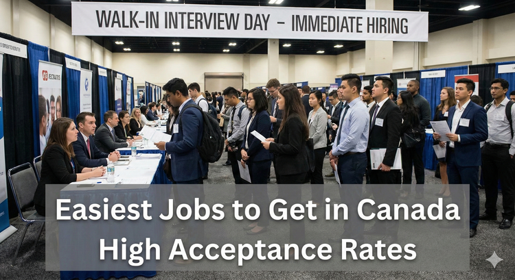 A diverse group of people attending a "Walk-In Interview" day at a large convention center, representing high-volume hiring.