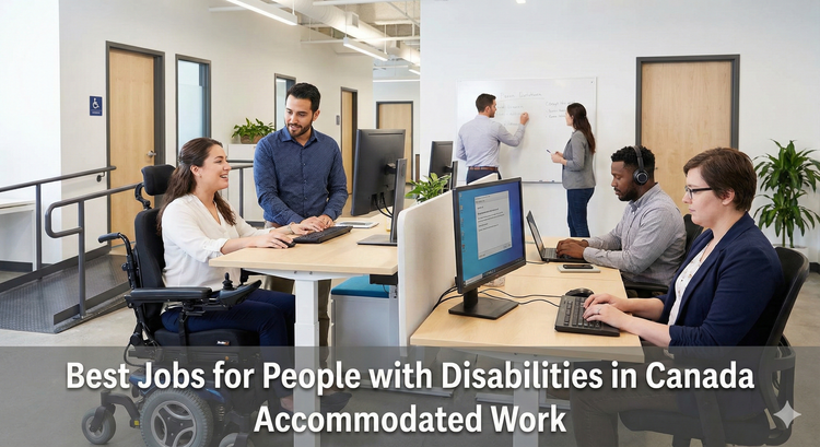 A diverse group of professionals working in a modern accessible office, including a person in a wheelchair and another using screen-reading software, representing inclusive employment.