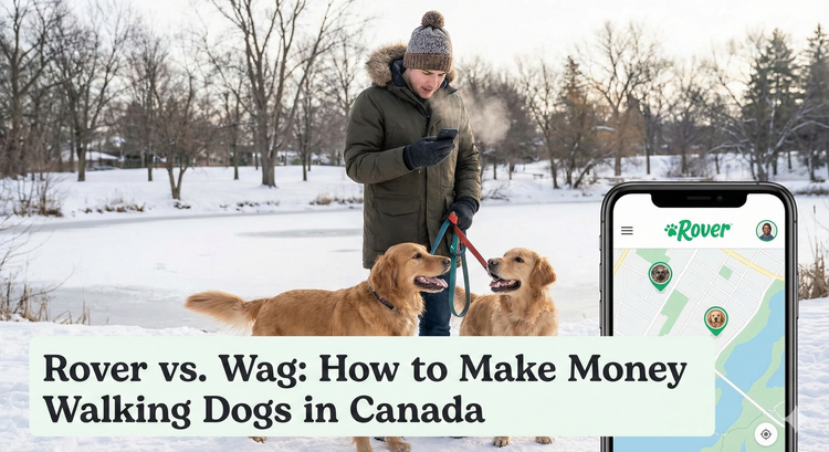 A dog walker checking the Rover app on their phone while holding leashes for two golden retrievers in a snowy Canadian park.
