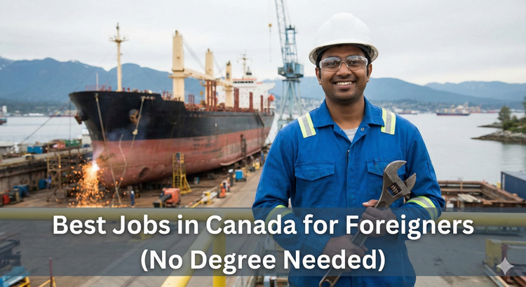 A foreign worker in blue coveralls and a hard hat standing in a Canadian shipyard, smiling and holding a wrench, representing skilled trade opportunities.