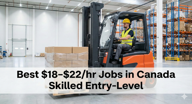 A forklift operator moving a pallet in a clean, modern warehouse, representing the step up to skilled hourly work.