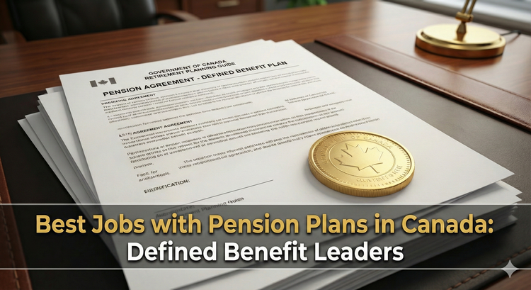 A golden pair of coin resting on a stack of Canadian retirement planning documents, symbolizing the "Golden coin" of defined benefit pensions.