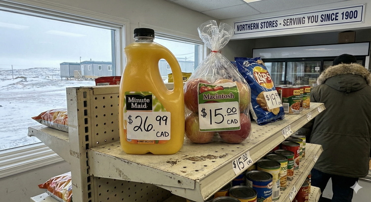 A grocery store shelf in Nunavut showing a jug of orange juice with a price tag of $26.99, next to a bag of apples priced at $15.00. 
