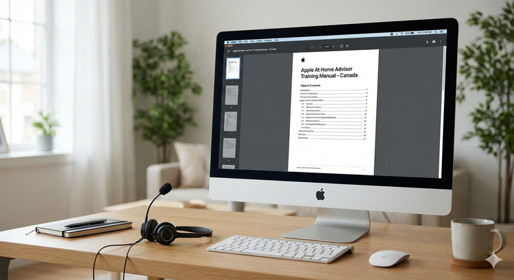 A home office setup with a 27-inch iMac, a headset resting on the desk, and an Apple At Home Advisor training manual open on the screen.