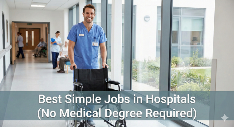 A hospital porter in a blue uniform smiling while pushing an empty wheelchair down a clean, modern hospital corridor.