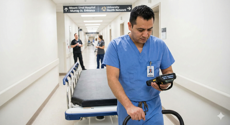 A hospital porter in blue scrubs pushing an empty stretcher down a long, white corridor, checking a notification on a handheld dispatch device.