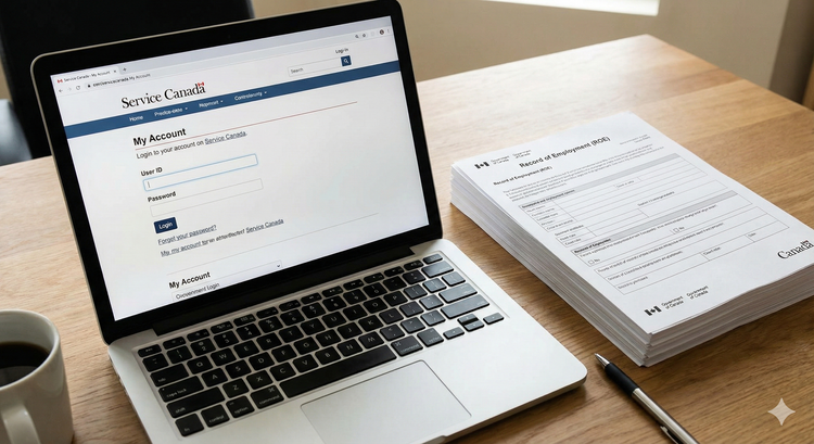A laptop screen displaying the Service Canada My Account login page with a stack of Record of Employment (ROE) forms on the desk