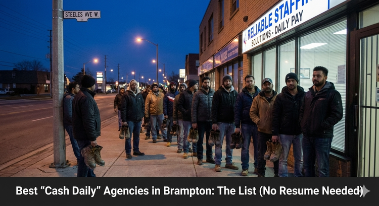 A line of workers waiting outside a staffing agency on Steeles Avenue in Brampton at 500 AM, holding steel-toed boots.