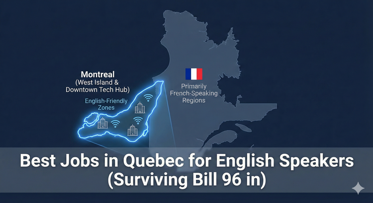 A map of Montreal highlighting the West Island and downtown tech hub as English-friendly zones, contrasted with the rest of the province.