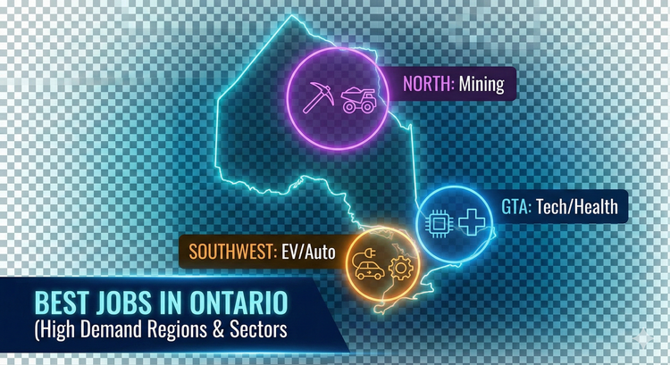  A map of Ontario highlighting three Hot Zones The GTA (TechHealth), The Southwest (EVAuto), and The North (Mining), with icons representing the industries.