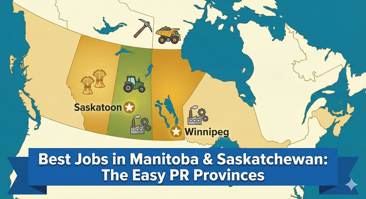 A map of the Canadian Prairies highlighting Winnipeg and Saskatoon, with icons representing mining, agriculture, and manufacturing industries.