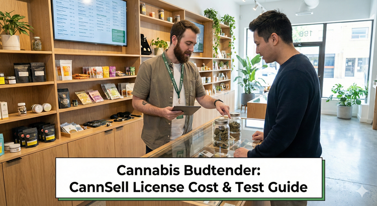 A modern cannabis dispensary interior with wooden shelves, glass display cases filled with products, and a budtender holding a tablet consulting with a customer.