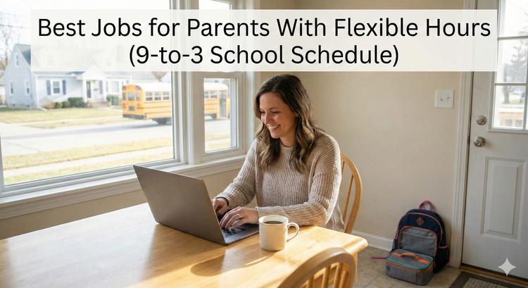 A parent sitting at a kitchen table working on a laptop with a coffee, looking relaxed while their child is at school.