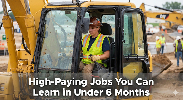 A person operating a heavy excavator on a construction site, with a focused expression, representing skilled trade work.