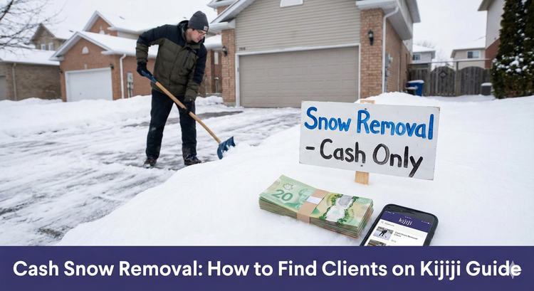 A person shoveling a snowy driveway in a Canadian suburb with a stack of cash and a Snow Removal lawn sign in the foreground.