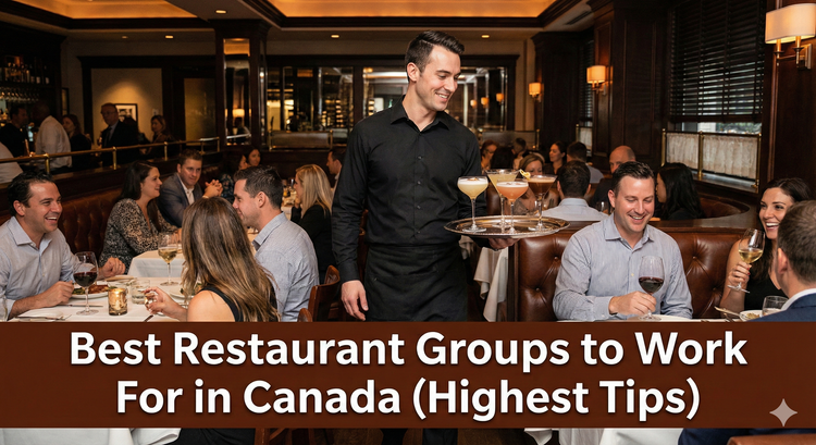 A professional server in a black dress shirt carrying a tray of cocktails at a busy upscale steakhouse, representing the high-income potential of hospitality.