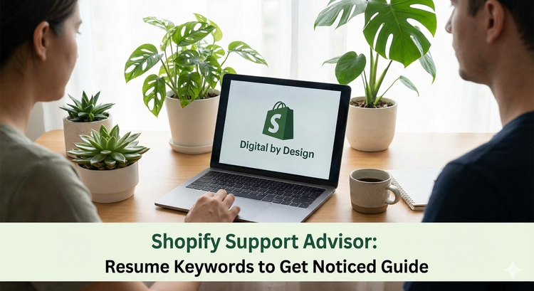 A remote worker sitting at a minimalist desk with a laptop displaying the Shopify Digital by Design logo, surrounded by plants and a coffee mug