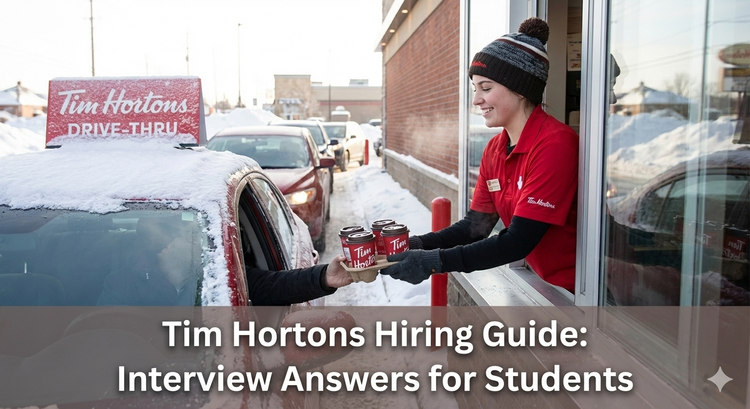 A smiling Tim Hortons team member in a red uniform handing a coffee tray through a drive-thru window during a winter morning rush.