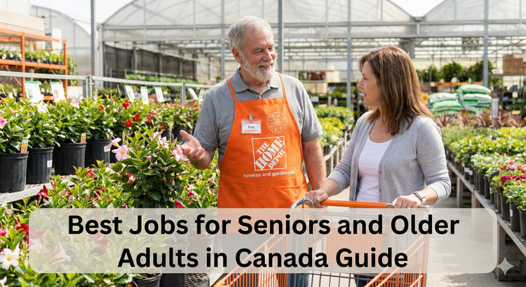A smiling older gentleman wearing a Home Depot apron helping a customer choose a plant in a garden center.