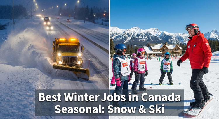 A snow plow operator clearing a massive drift on a Canadian highway at night, contrasted with a snowboard instructor teaching a class in Banff.